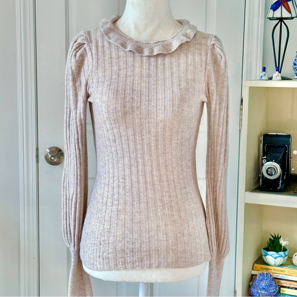 RARE Elie Tahari Cashmere Blend Rib Knit Ruffle Trim Sweater (size S)